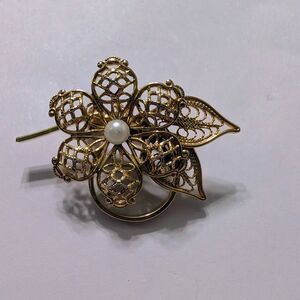 Vintage Gold Tone Filigree Flower Brooch With Faux Cultured Pearls Mid 20th Cent